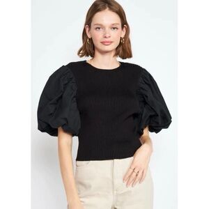 En Saison Maxime Puff Sleeve‎ Ribbed Knit Backless Tied Blouse in Black Size M